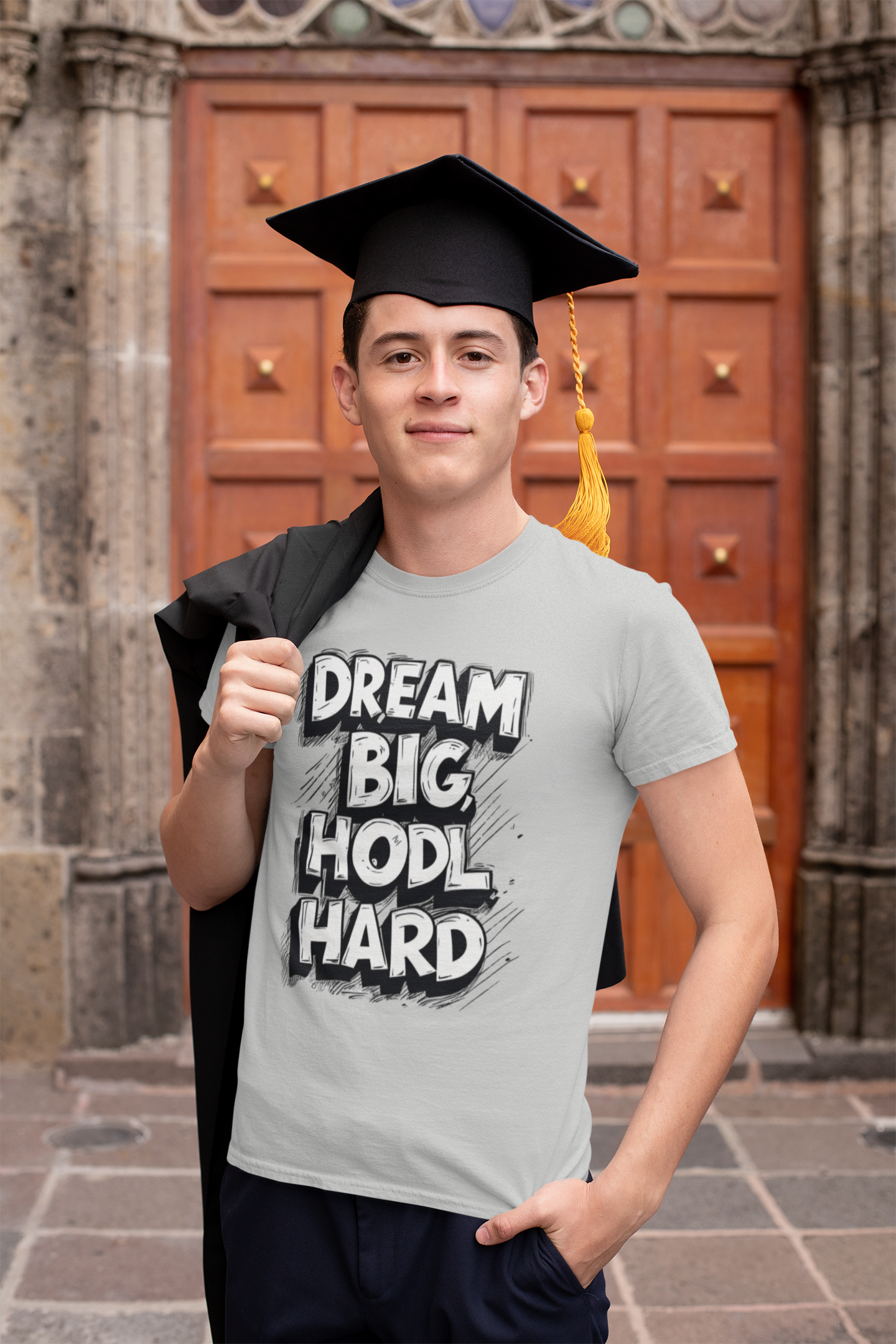 Person wearing a graduation cap and gown with a t-shirt that says 'Dream Big, Hodl Hard' in front of a wooden door.