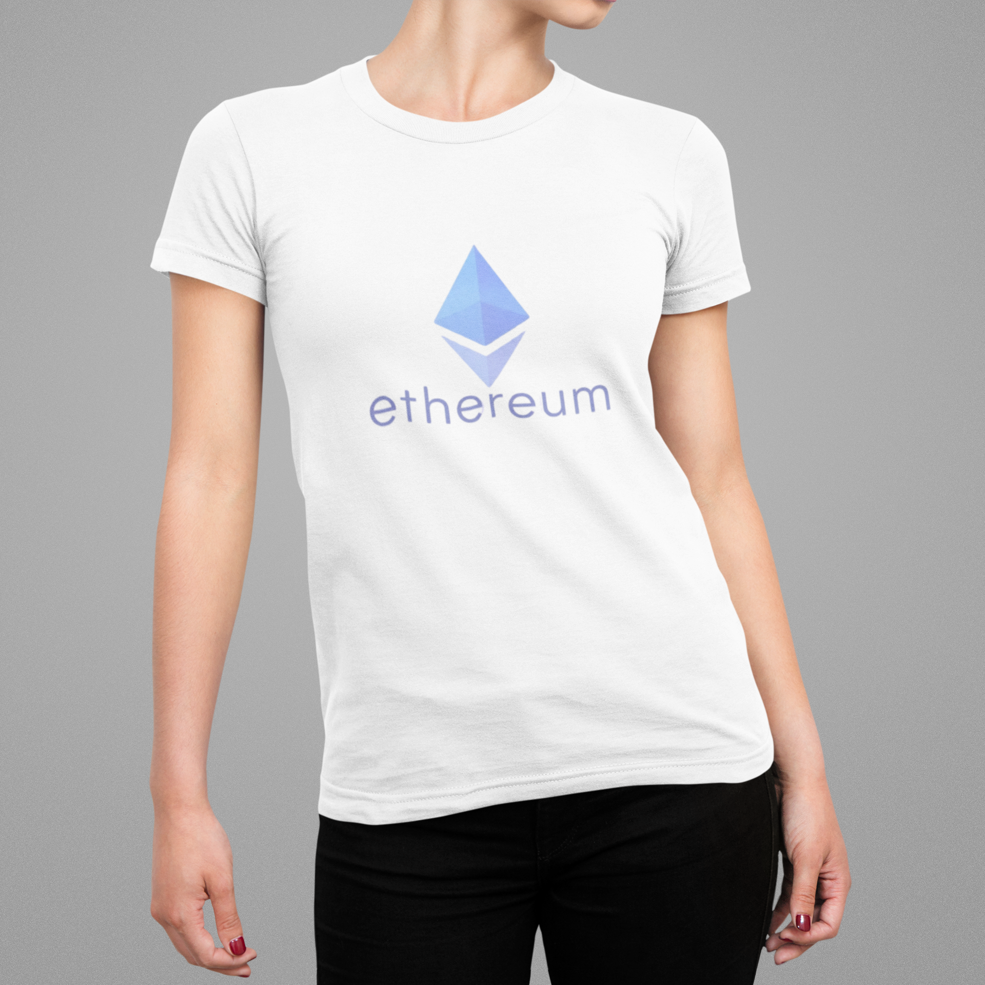 Person wearing a white t-shirt with Ethereum logo and text on a gray background