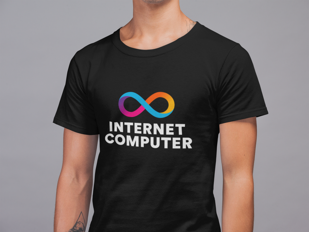 Person wearing a black t-shirt with 'Internet Computer' logo on a gray background
