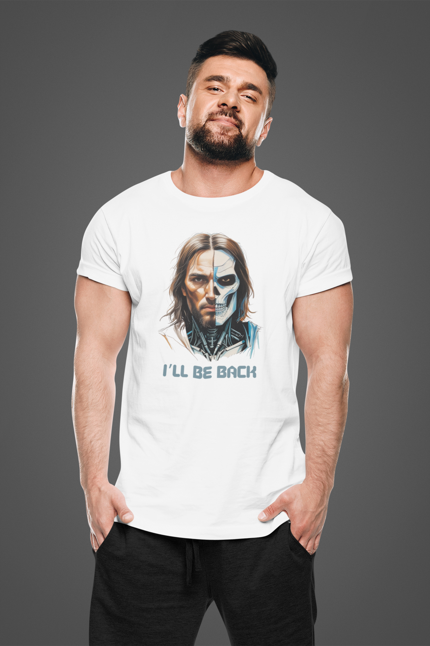 Man wearing a white t-shirt with a graphic design and text on a gray background