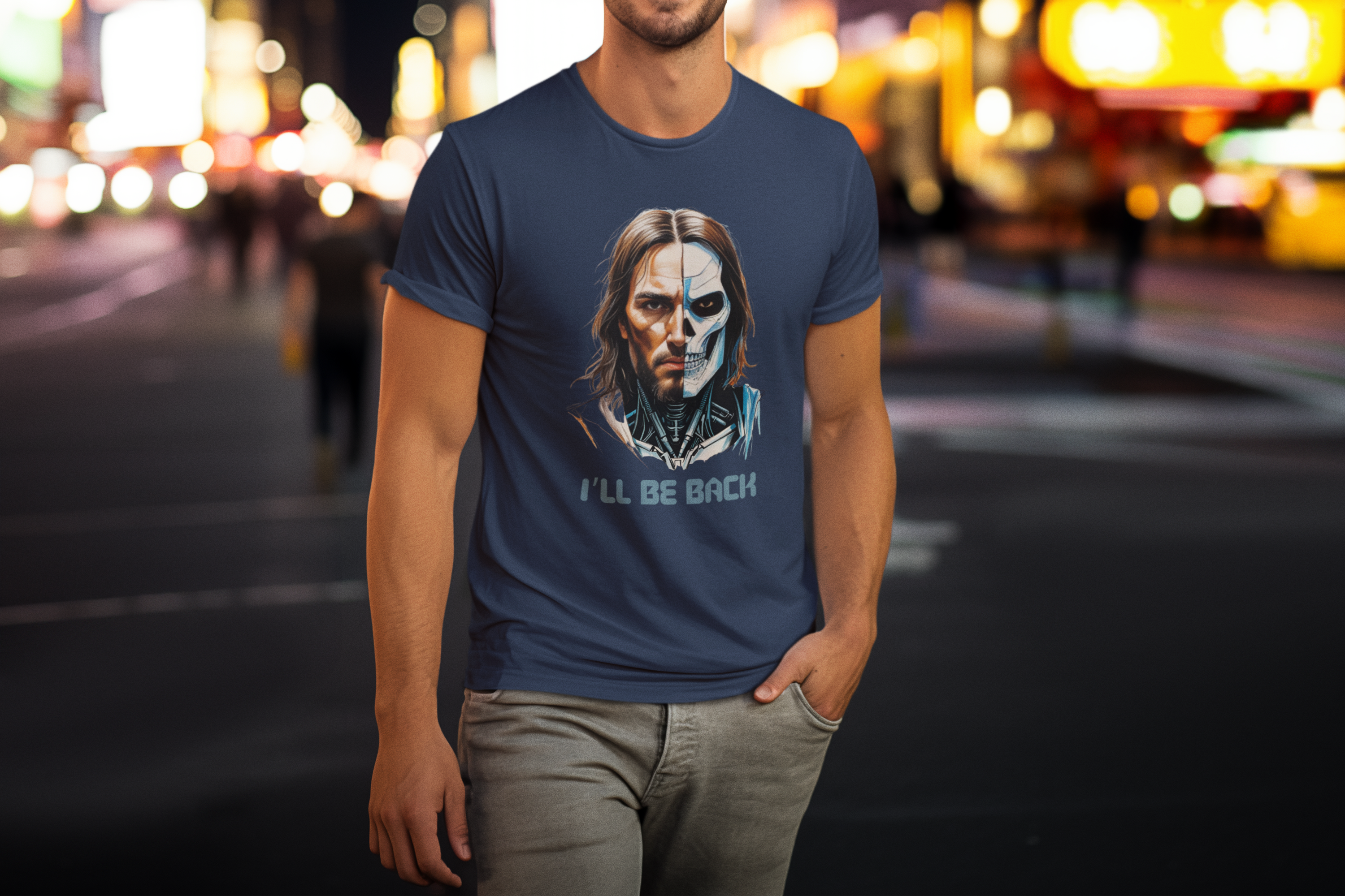 Person wearing a navy blue t-shirt with a graphic design on a city street at night.