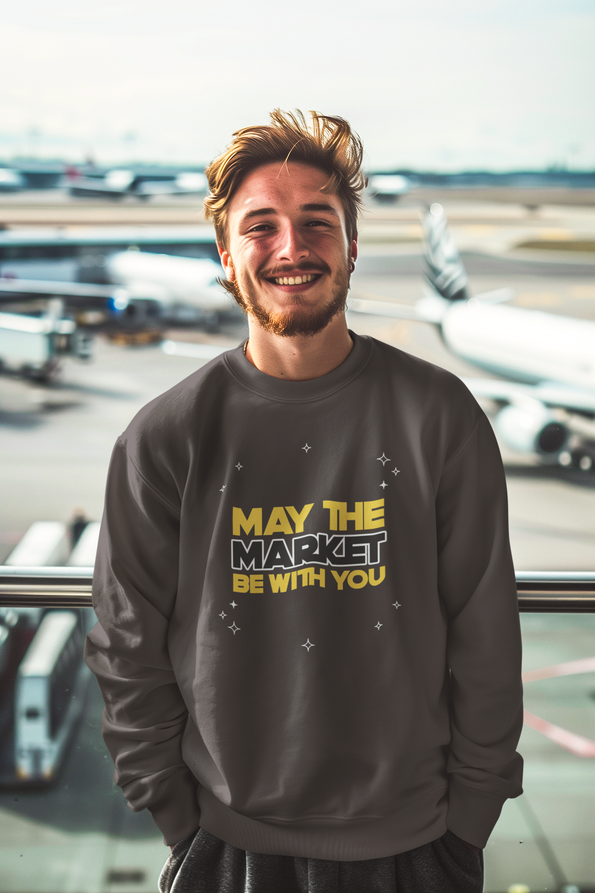 Man wearing a sweatshirt with a humorous quote at an airport.