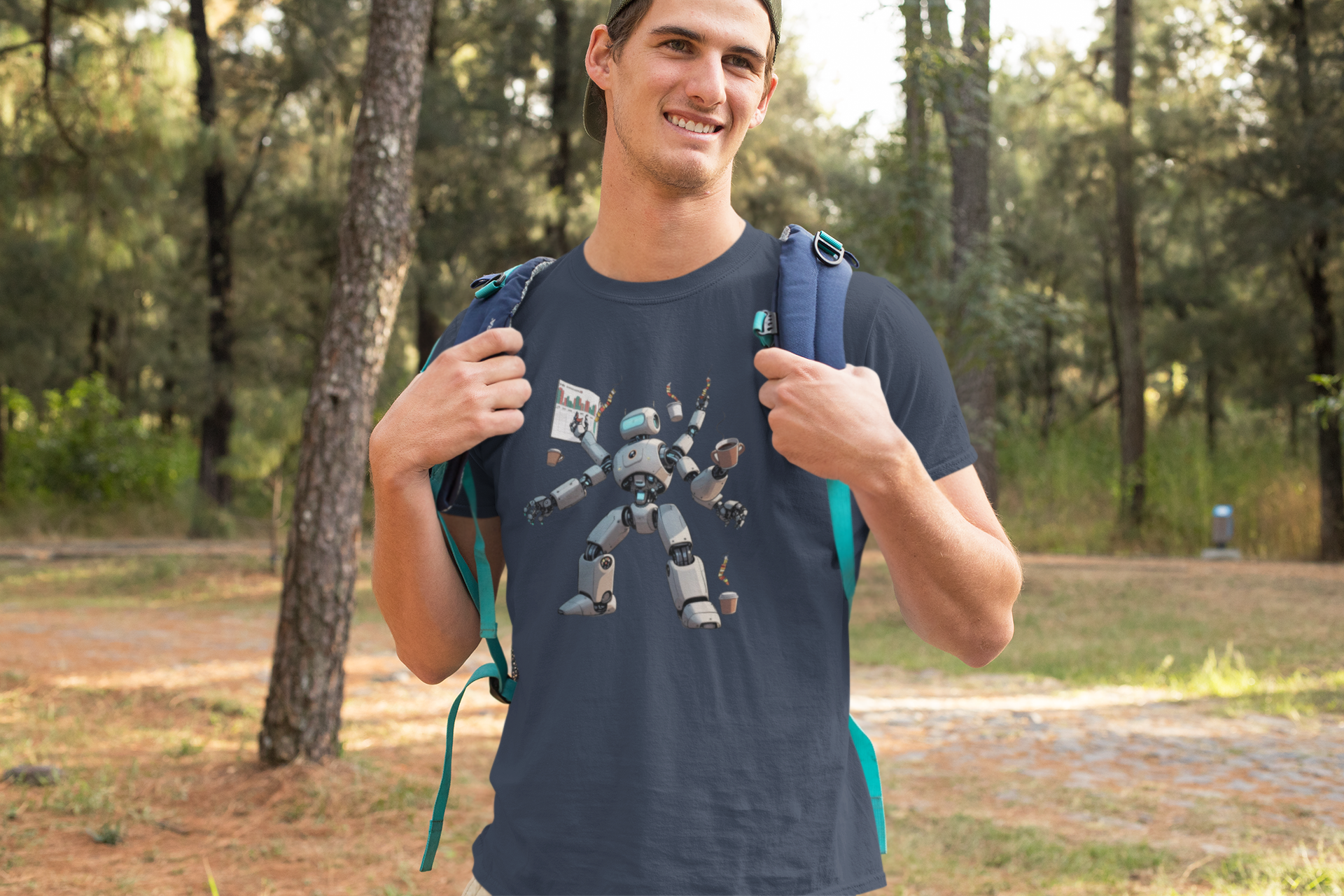 Man wearing a t-shirt with a robot design outdoors