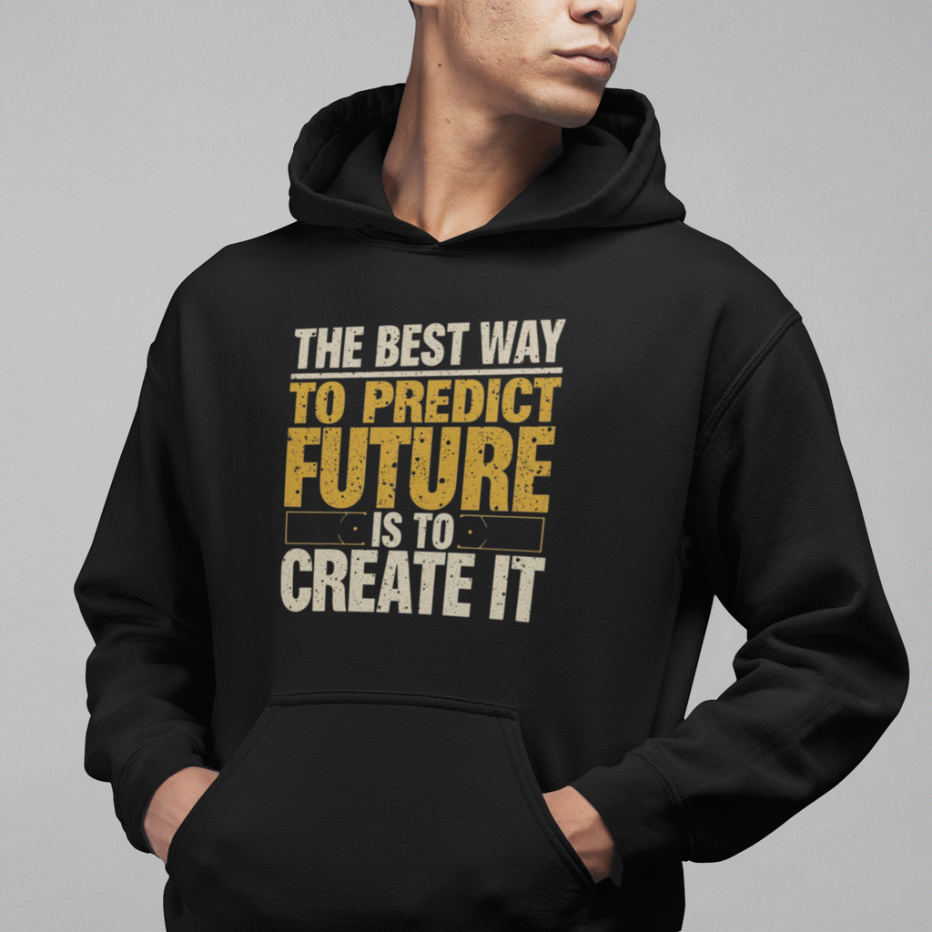 Person wearing a black hoodie with motivational quote on a gray background