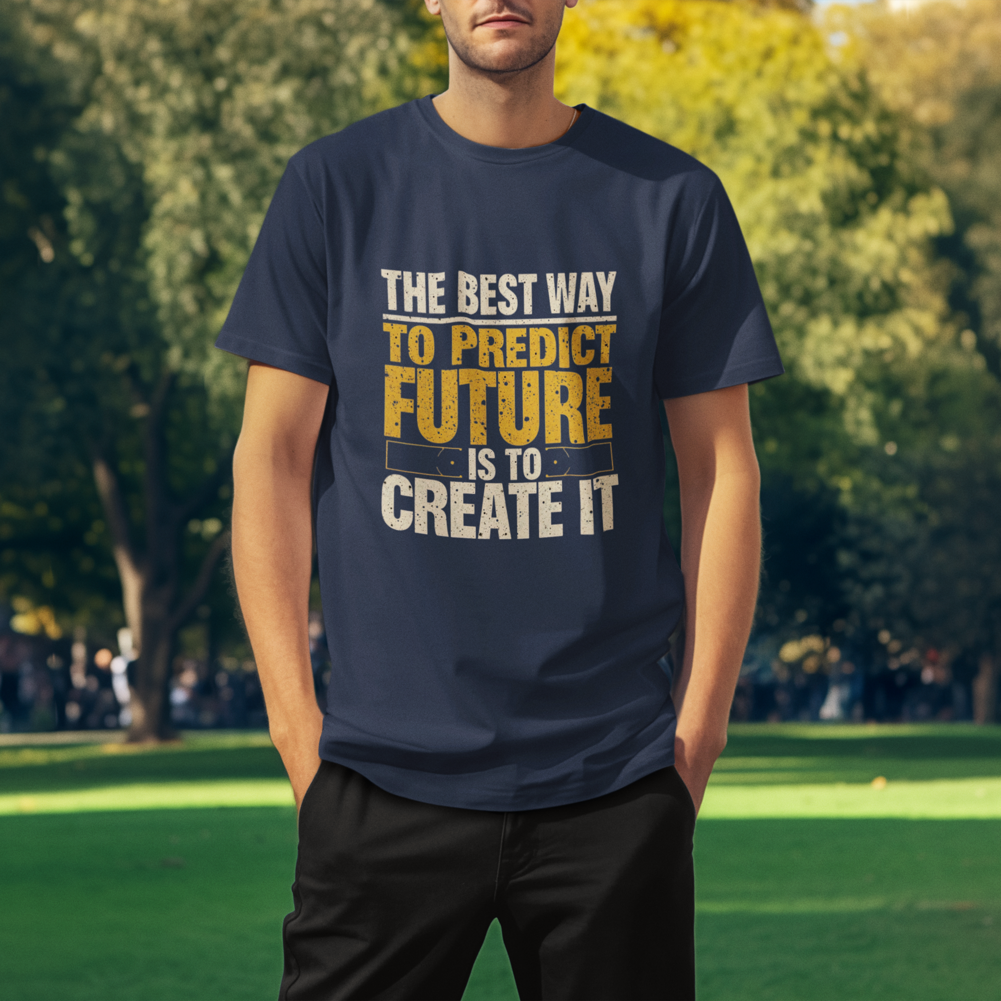 Person wearing a t-shirt with motivational quote in a park