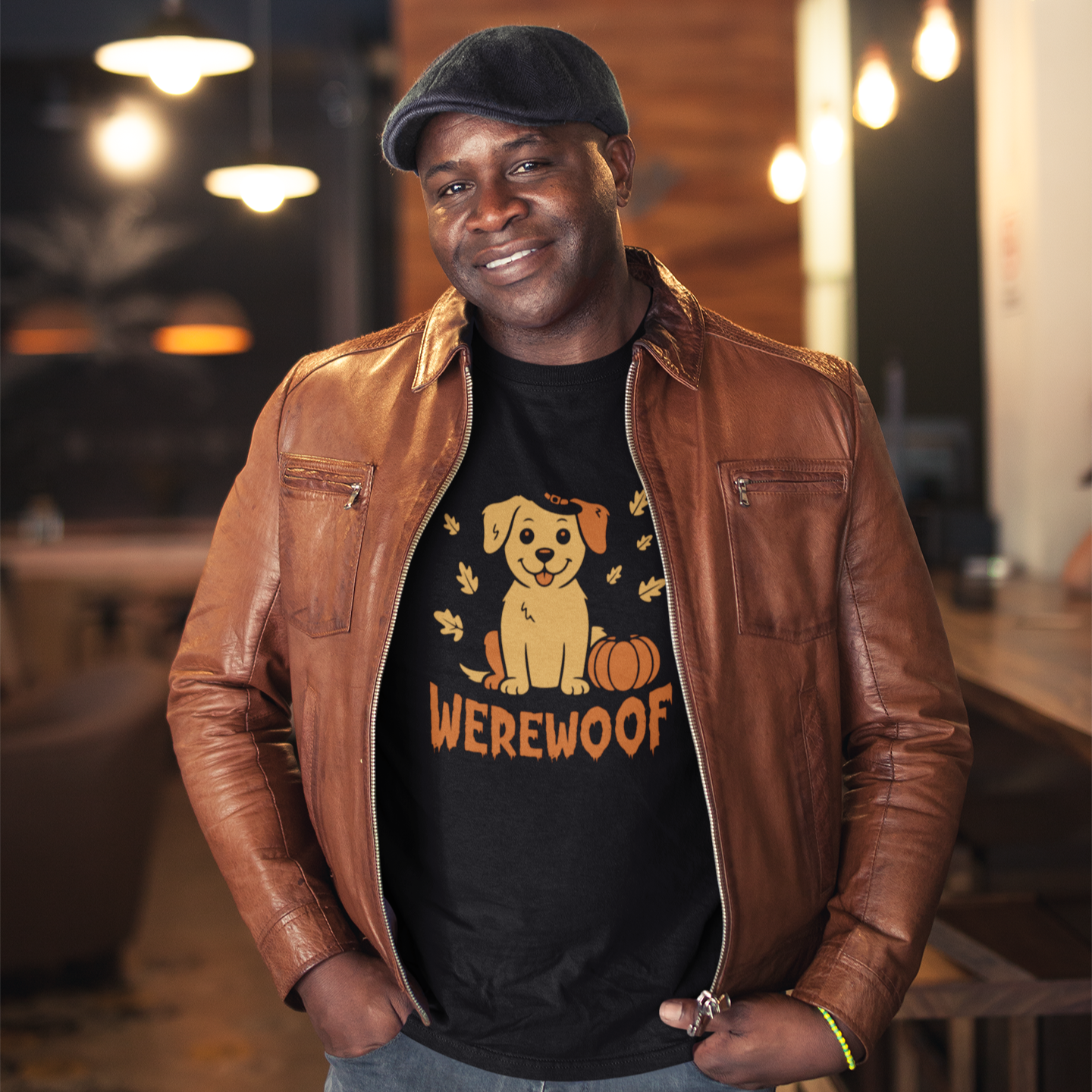 Man wearing a brown leather jacket and a black t-shirt with a graphic design, standing in an indoor setting.