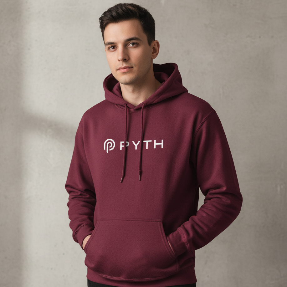 Man wearing a maroon hoodie with 'PYTH' logo against a neutral background