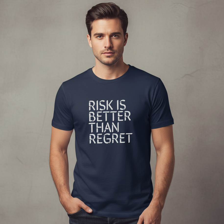 Man wearing a navy blue t-shirt with 'RISK IS BETTER THAN REGRET' text on a gray background