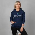 Woman wearing a navy hoodie with 'SOLANA' logo on a gray background