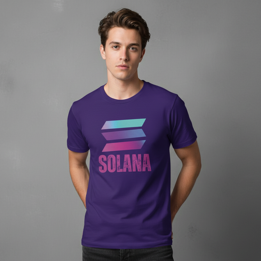 Person wearing a purple t-shirt with 'SOLANA' design on a gray background