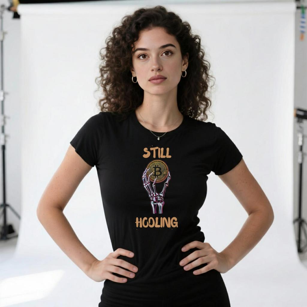 Woman wearing a black t-shirt with a graphic design and text.