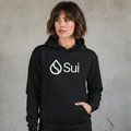 Woman wearing a black hoodie with 'Sui' logo against a gray background