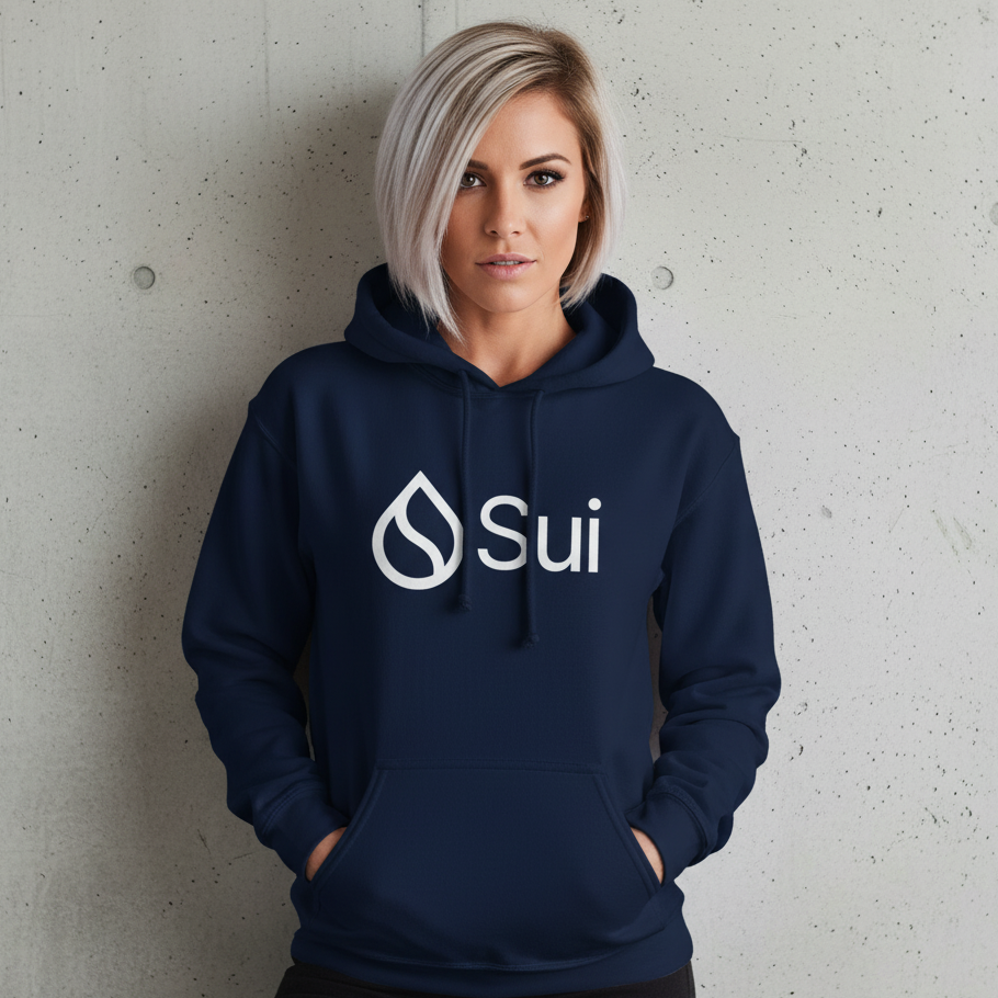 Person wearing a navy hoodie with 'Sui' logo against a concrete wall