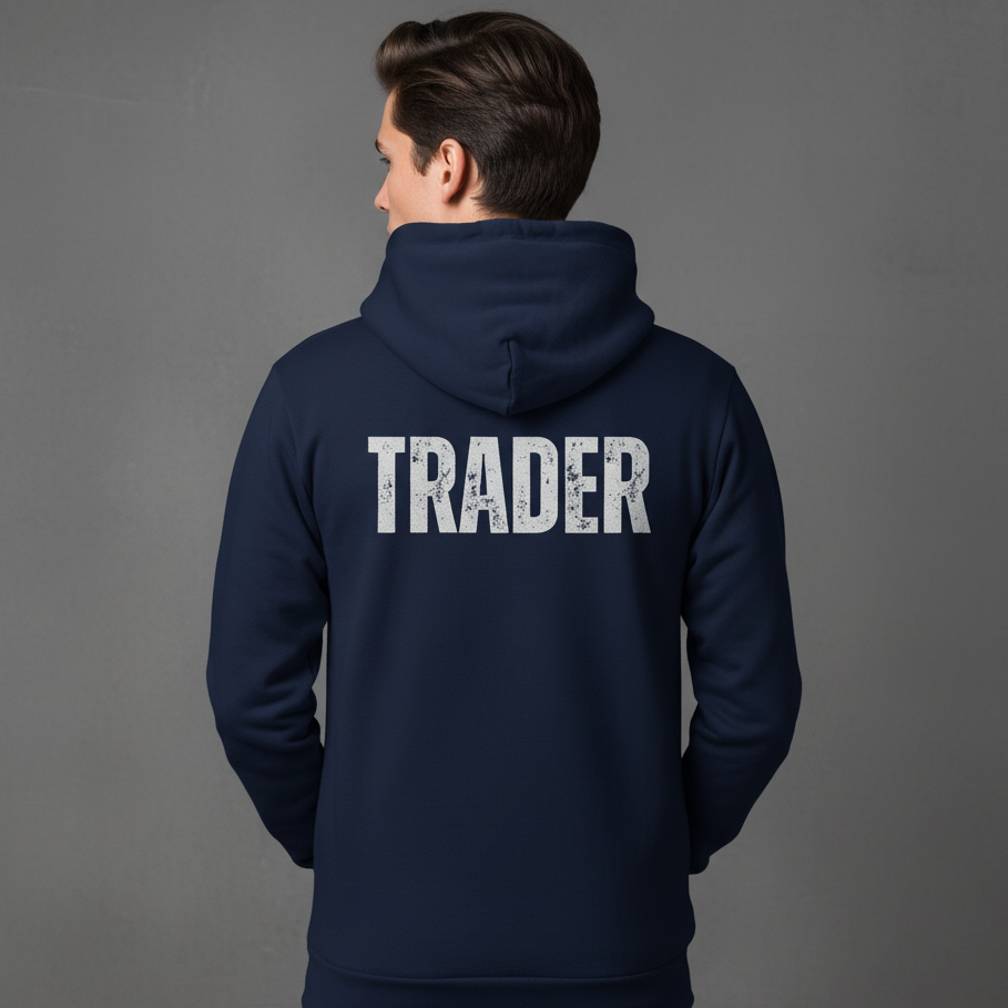 Person wearing a navy hoodie with 'TRADER' printed on the back against a gray background