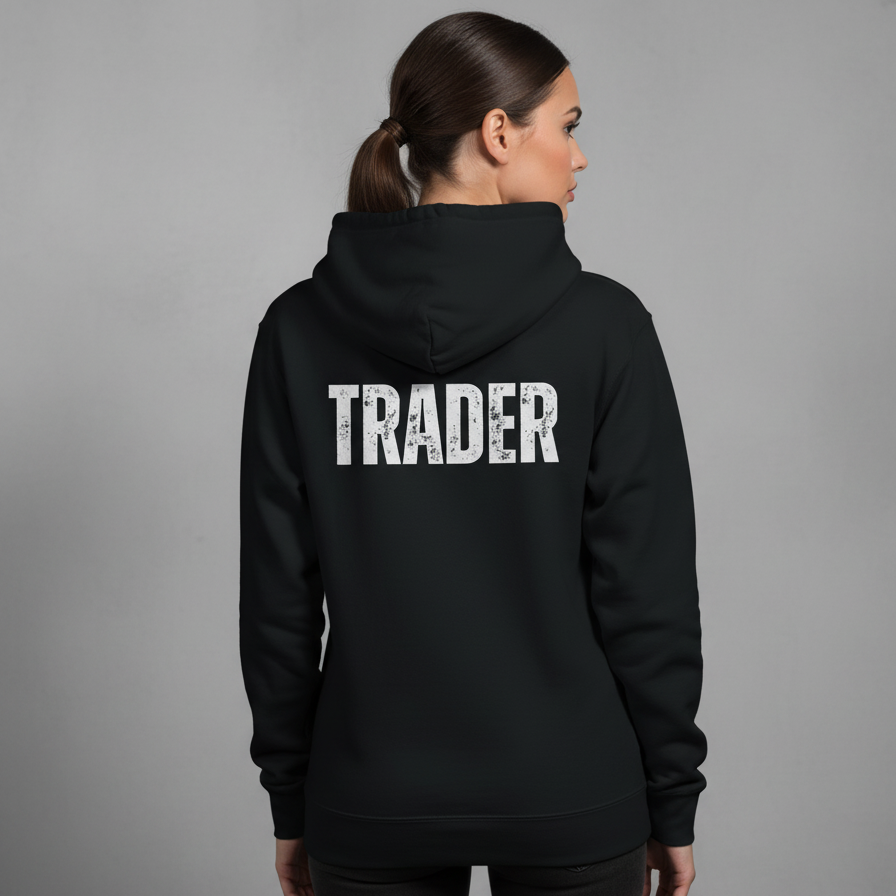 Person wearing a black hoodie with 'TRADER' printed on the back against a gray background