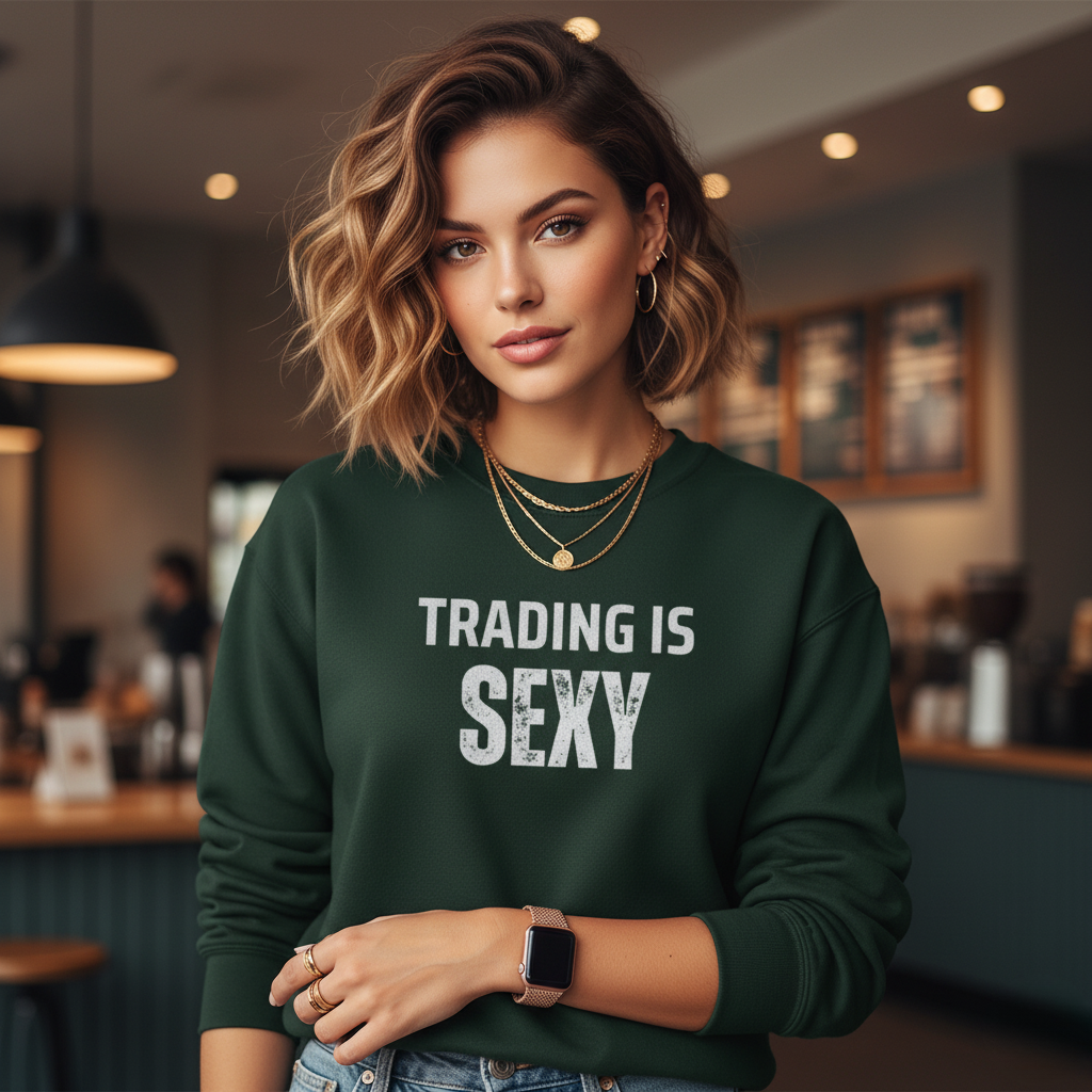 Woman wearing a green sweatshirt with 'TRADING IS SEXY' text in a casual setting.